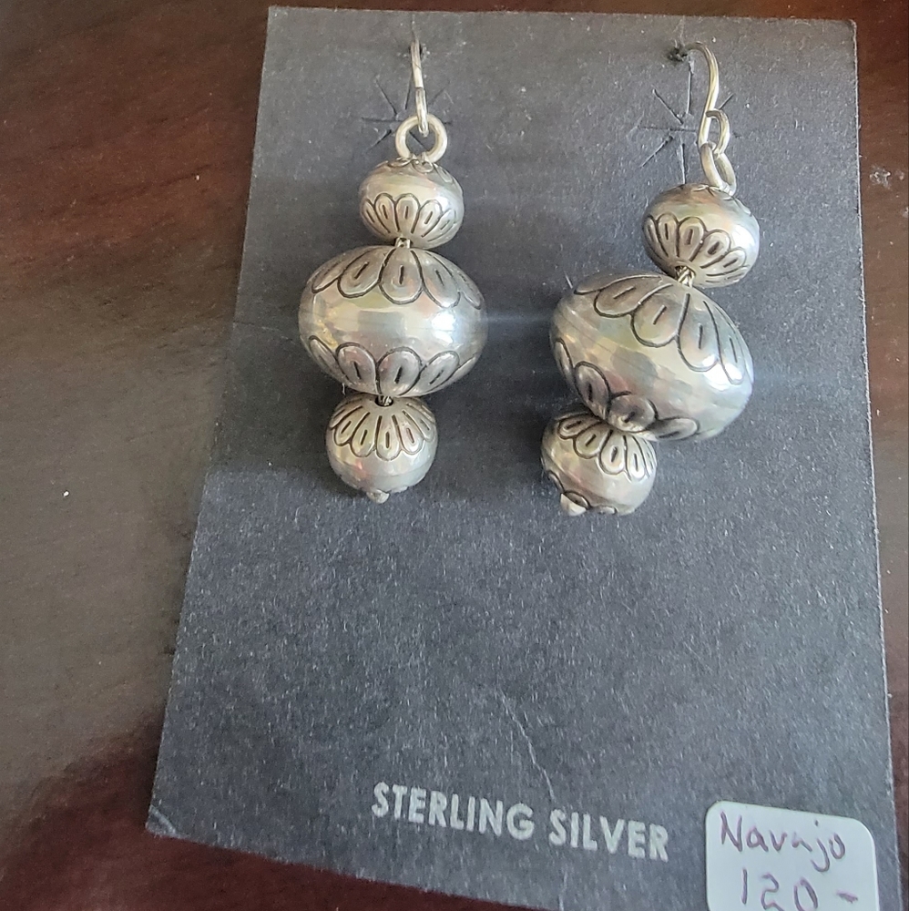 Navajo Sterling burnished Silver Ball/Bead  dangling Earrings With French Wires
